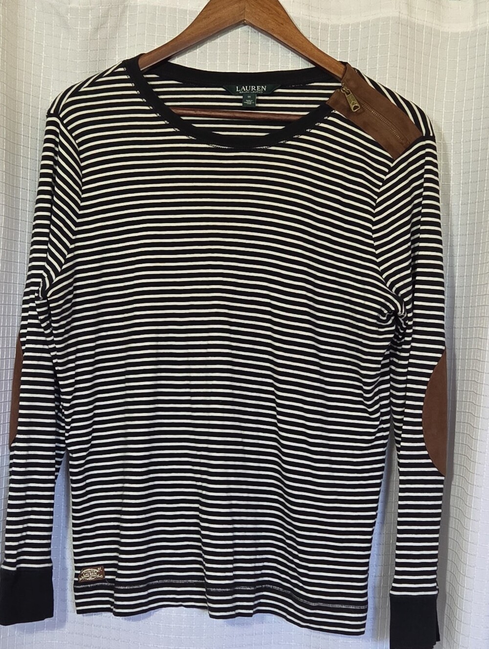 Lauren Ralph Lauren Striped Top Women XL Black White Equestrian Elbow Patch Zip